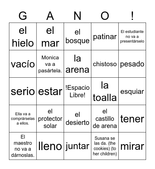 Spanish 1 Review Bingo Card