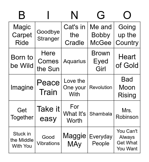 Hippie Tunes of the 60s-70s Bingo Card