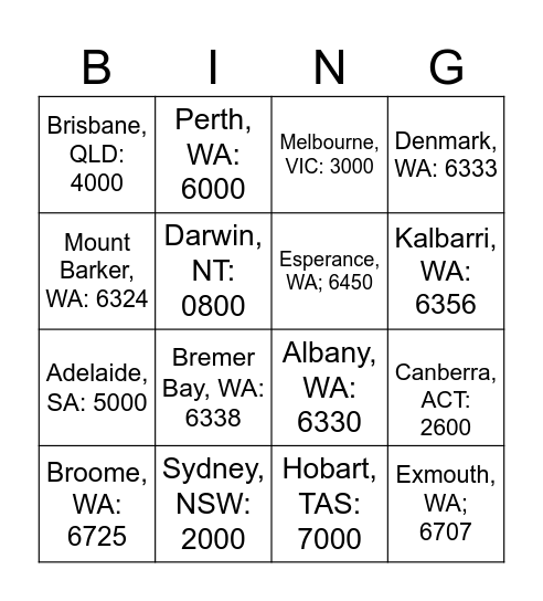 Year 3 Postcode Bingo Card
