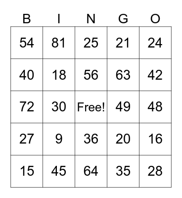 Multiplication Leapfrog Bingo Card