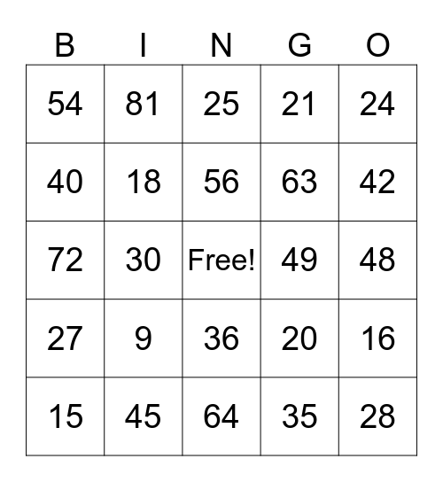 Multiplication Leapfrog Bingo Card