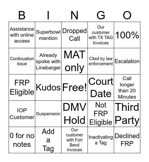 Call Monitor Bingo Card