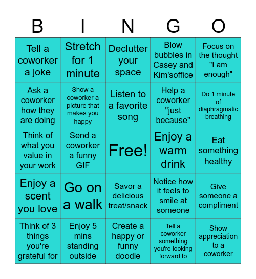 Stress Relief Bingo Card