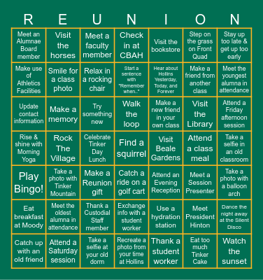 Hollins Reunion 2026 Bingo Card