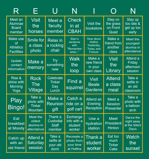 Hollins Reunion 2026 Bingo Card
