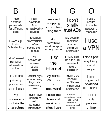 Digital Safety Bingo Card