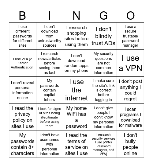 Digital Safety Bingo Card