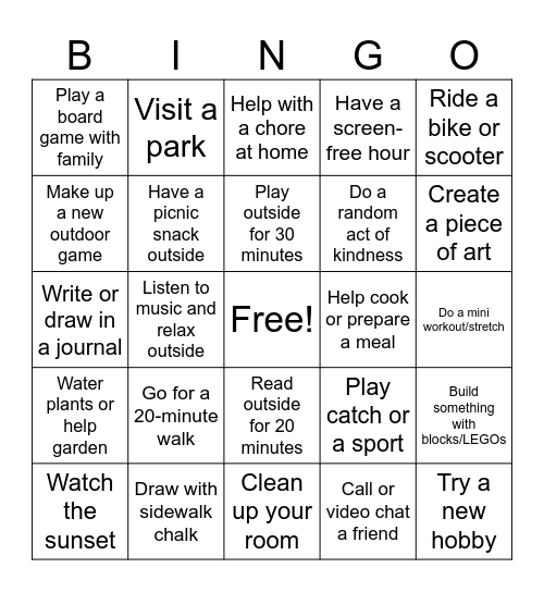 June Activity Bingo Card