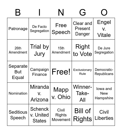 Unit 6: Civil Liberties Bingo Card