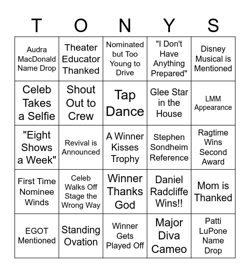 Tony Awards 2026 Bingo Card