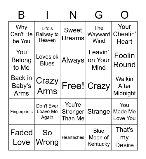 Patsy Cline Bingo Card