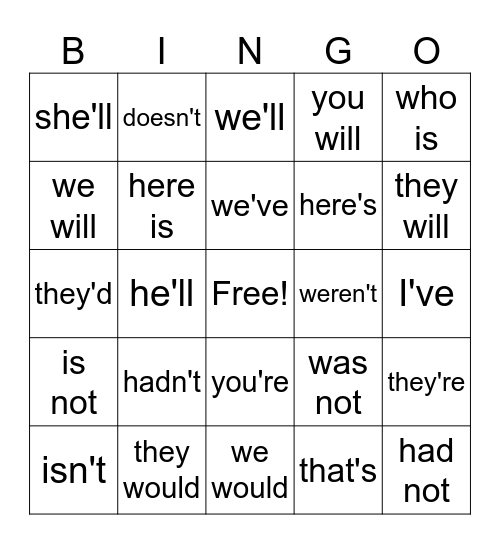 Contractions' Bingo Card