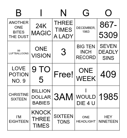 NUMBERS Bingo Card