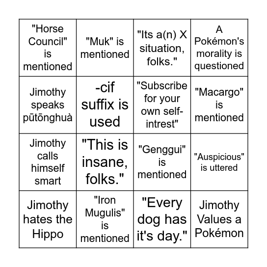 Jimothy Cool Bingo Card
