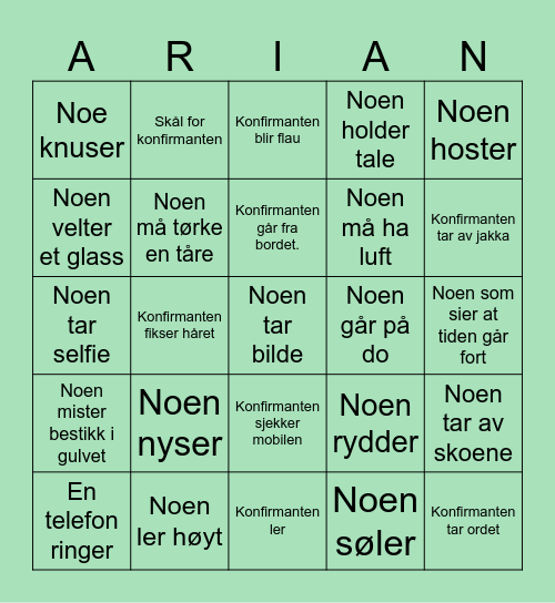 ARIAN SIN KONFIRMASJON Bingo Card