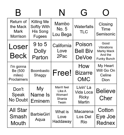 90s Music Bingo Card