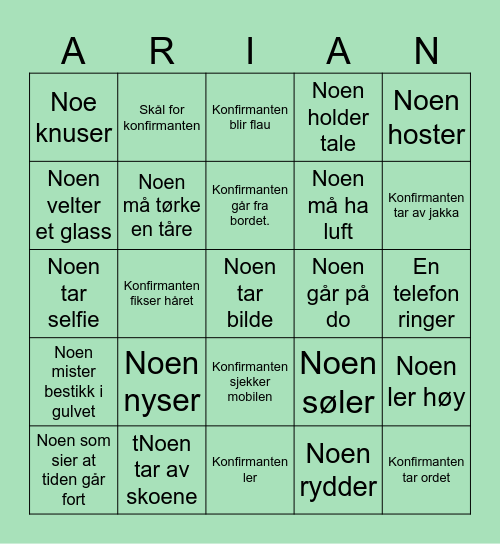 ARIAN SIN KONFIRMASJON Bingo Card
