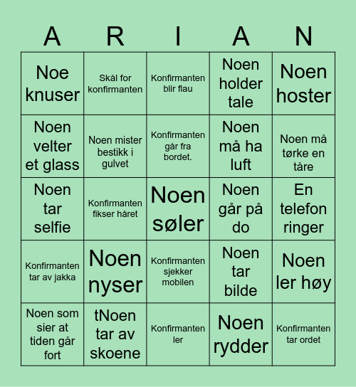 ARIAN SIN KONFIRMASJON Bingo Card