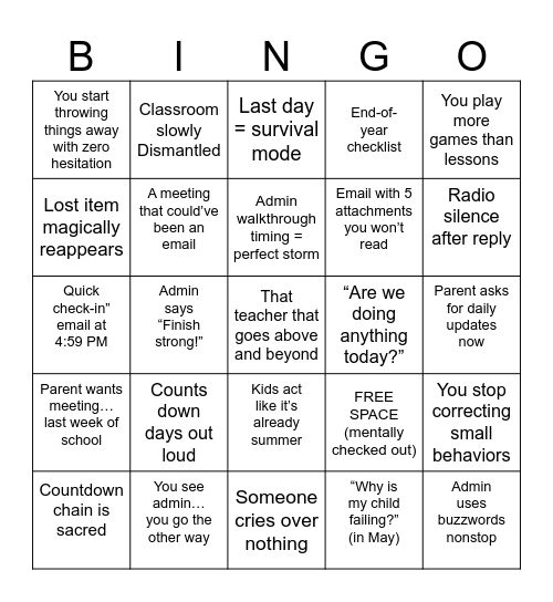 End of Year Bingo Card