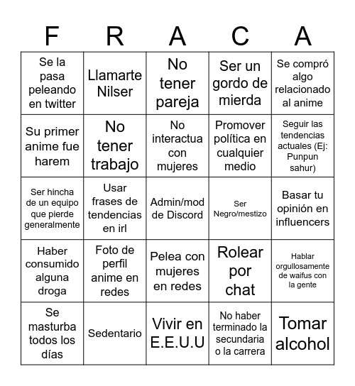 Bingo para fracasados Bingo Card