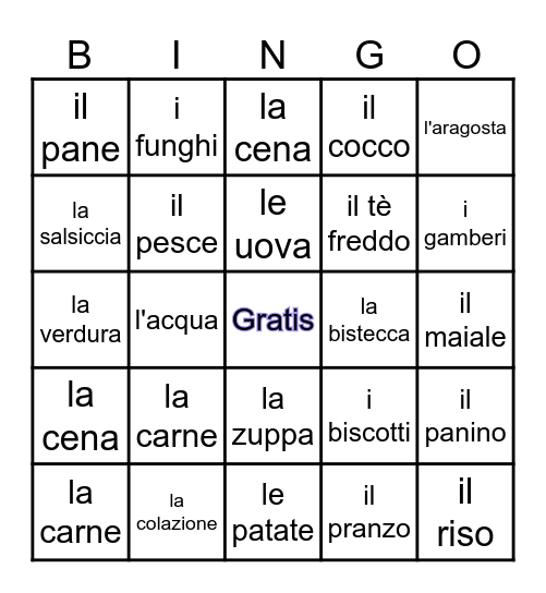 il cibo e le bibite Bingo Card