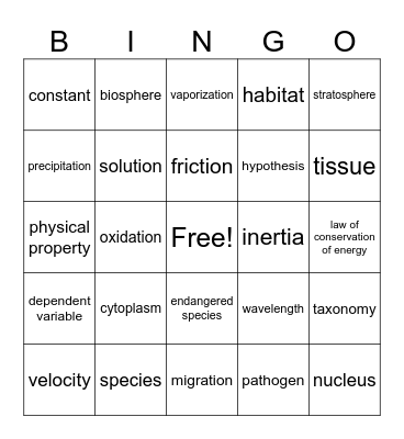 Science Test Bingo Card