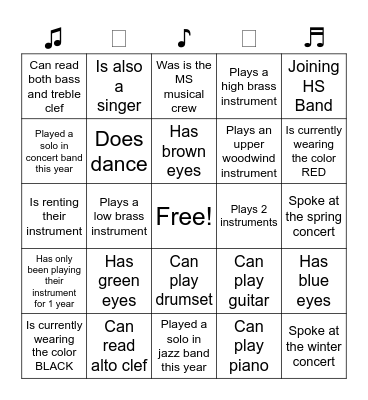 ‧˚ 𝄢˚⊹ Band Member Bingo ⊹˚ 𝄞₊‧ Bingo Card