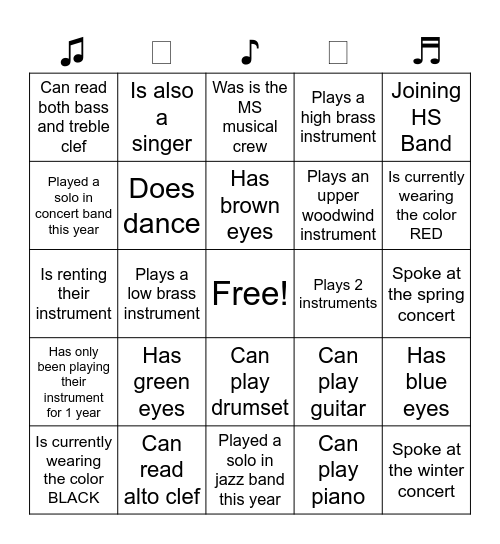 ‧˚ 𝄢˚⊹ Band Member Bingo ⊹˚ 𝄞₊‧ Bingo Card