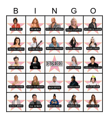 Celebrity Bingo Card