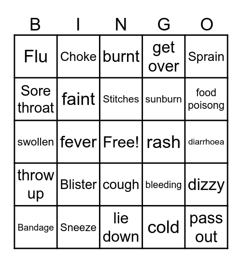 Illnesses and Injuries Bingo Card