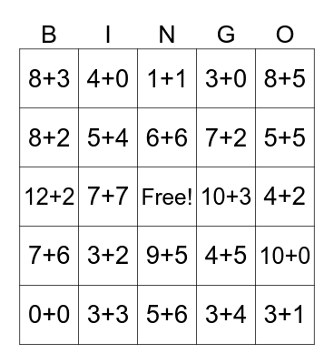 Addition 0-15 Bingo Card