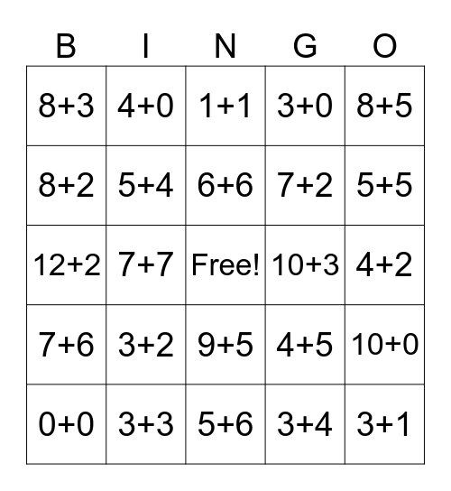 Addition 0-15 Bingo Card
