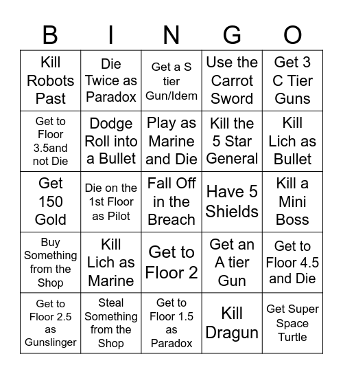 Enter the Gungeon Bingo Card