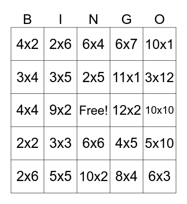 Multiplication Bingo Card