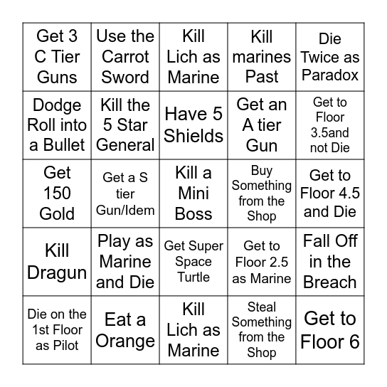 Enter the Gungeon Bingo Card
