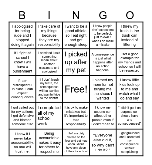 Accountability BINGO Card