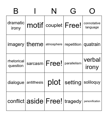 Literary Terms Bingo Card