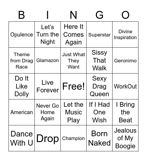 RuPaul Song Bingo Card