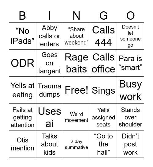 Teacher Bingo Card