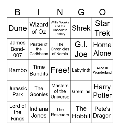 Fantasy/Action/Adventure Movie Music Bingo Card