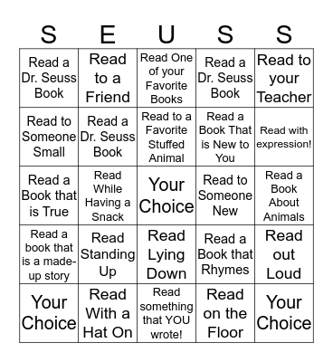 Read Across America Challenge Bingo Card