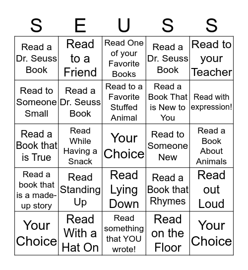 Read Across America Challenge Bingo Card