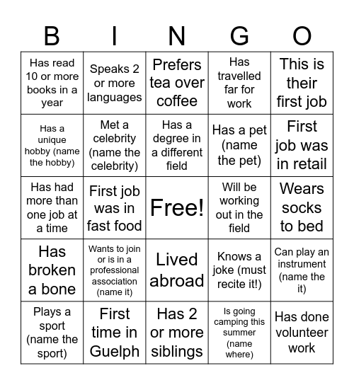 Intern/New Hire Pipeline Day Bingo Card
