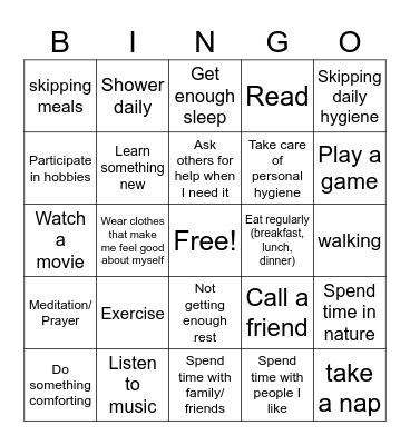Self Care Activities Bingo Card