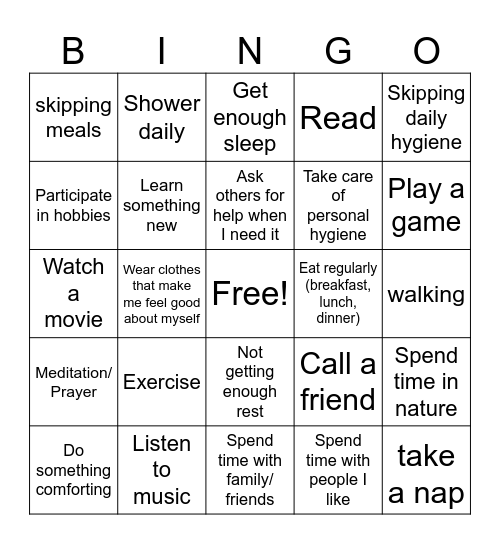 Self Care Activities Bingo Card