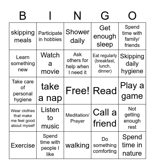 Self Care Activities Bingo Card