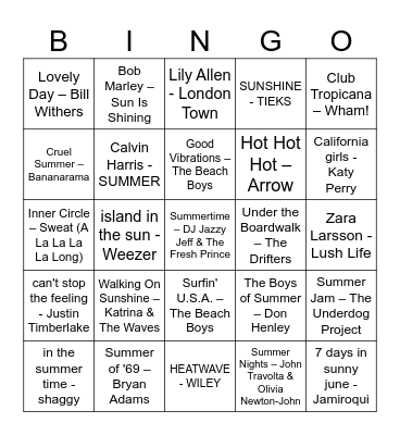 SUMMER SONGS Bingo Card