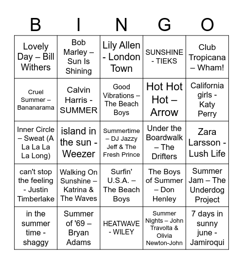 SUMMER SONGS Bingo Card
