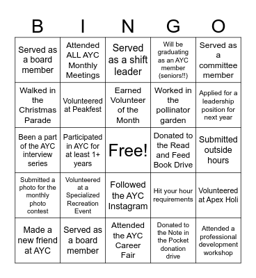 AYC End of Year Bingo! Bingo Card