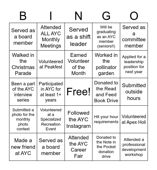 AYC End of Year Bingo! Bingo Card